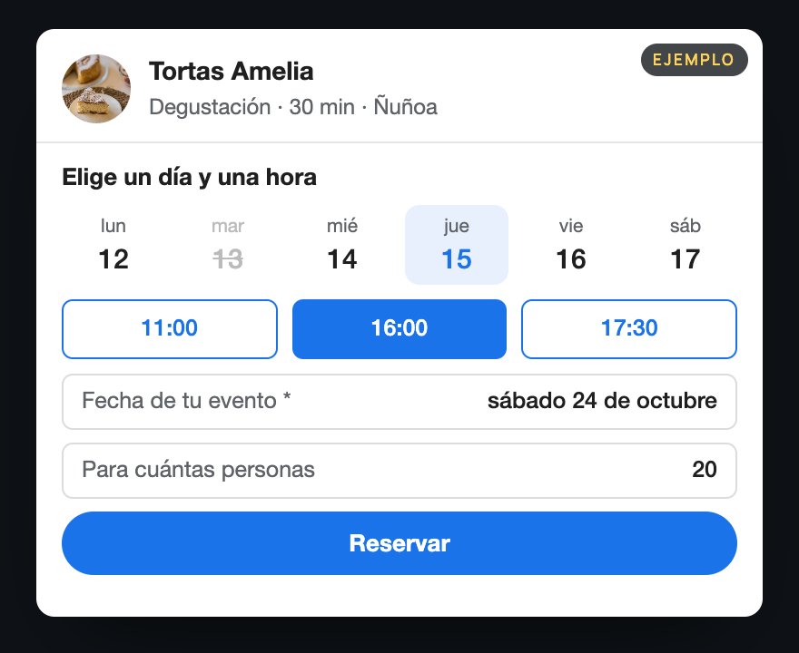 Página de reserva de ejemplo de Tortas Amelia para una degustación de 30 minutos: una semana con el jueves 15 elegido, tres horas con las 16:00 marcadas, la fecha del evento y el número de personas, y el botón Reservar.