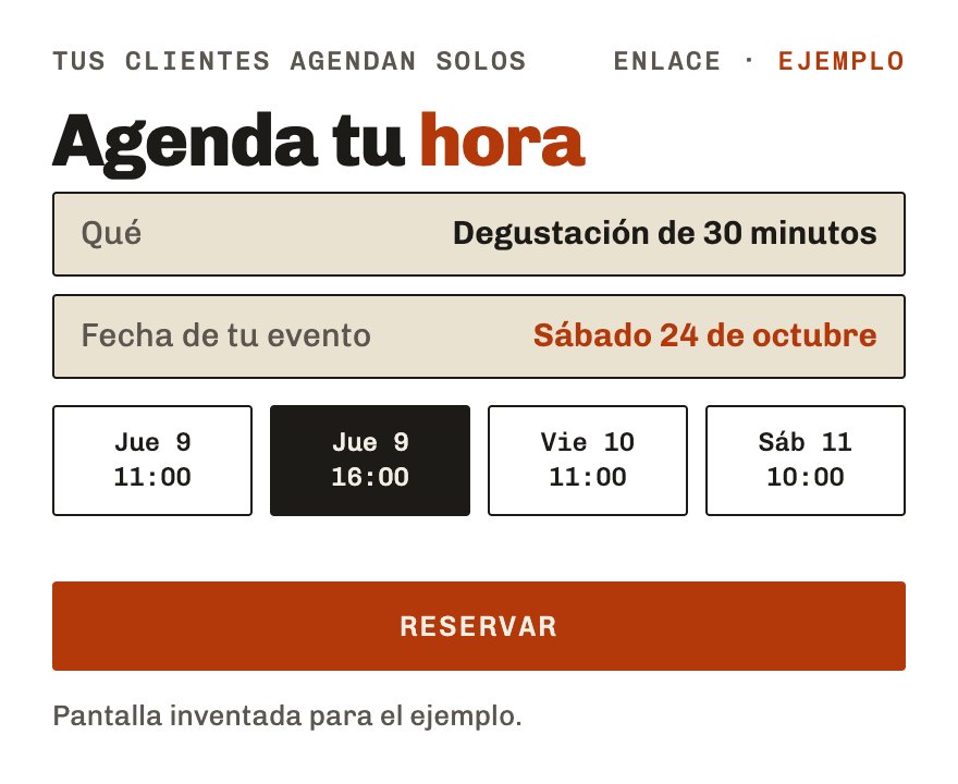 Pantalla de reserva de ejemplo: qué se agenda, una degustación de treinta minutos, la fecha del evento como dato obligatorio, cuatro horas disponibles con una elegida y el botón Reservar.