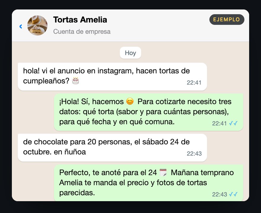 Chat de WhatsApp de ejemplo a las 22:41: una clienta pregunta si hacen tortas de cumpleaños, la respuesta automática pide qué torta, para qué fecha y en qué comuna, la clienta responde y el negocio confirma que al día siguiente le manda el precio.