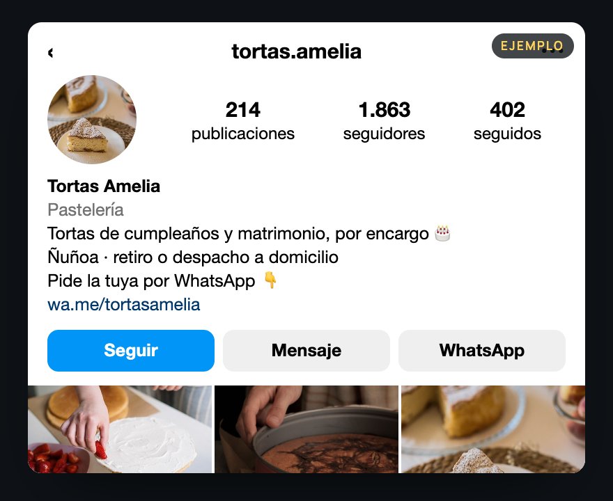 Perfil de Instagram de ejemplo de la cuenta inventada tortas.amelia: 214 publicaciones, 1.863 seguidores, biografía que invita a pedir por WhatsApp, botones Seguir, Mensaje y WhatsApp, y tres fotos de tortas.
