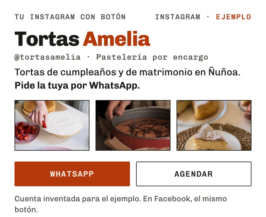 Perfil de Instagram de ejemplo del negocio inventado Tortas Amelia: usuario, biografía corta que invita a pedir por WhatsApp, tres fotos y dos botones, WhatsApp y Agendar.