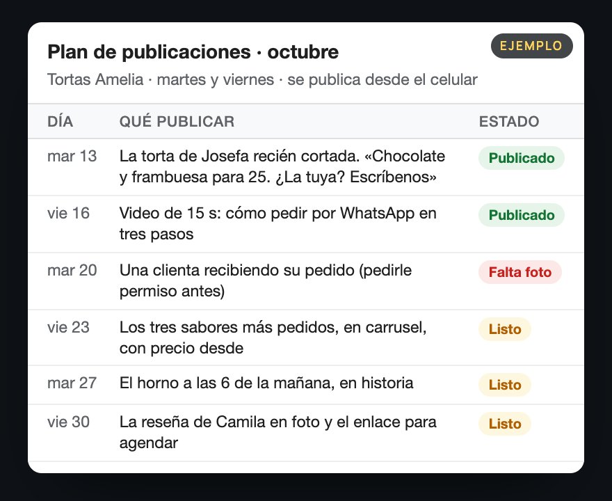 Plan de publicaciones de ejemplo de octubre como planilla: seis filas de martes y viernes con qué publicar y su estado, dos publicadas, una con falta de foto y tres listas.