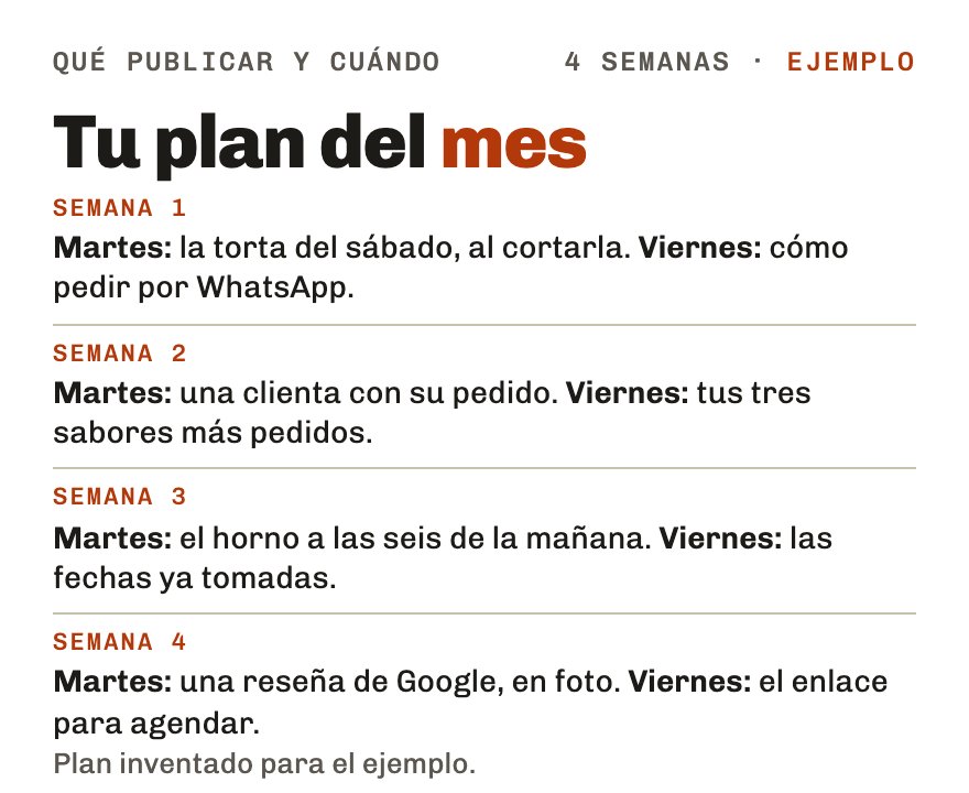 Plan de publicaciones de ejemplo para cuatro semanas: dos publicaciones por semana, martes y viernes, con qué foto y qué texto en cada una.